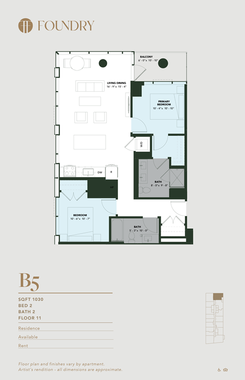 Floor plan for 2 beds, 2 baths, 1030 sqft